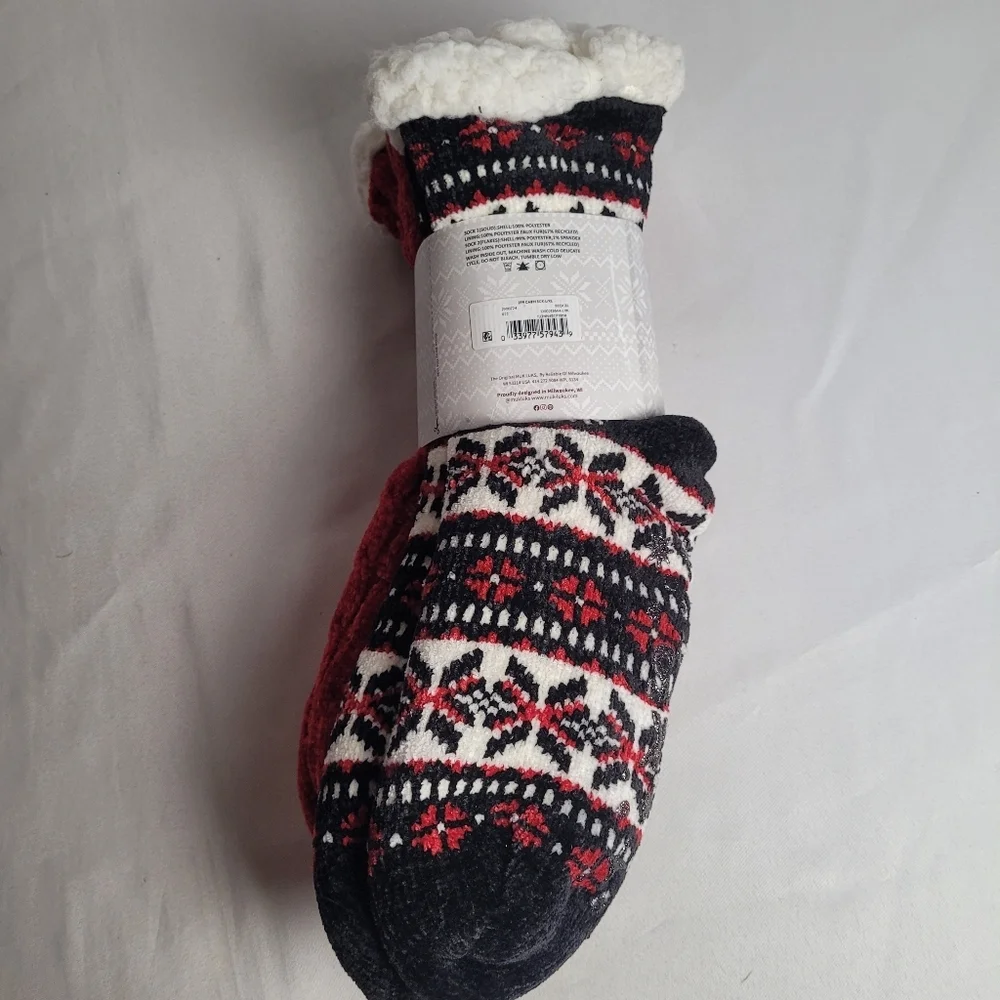 Muk Luks Women's Winter Cabin Socks 2 Pair Pack New Red Black Lined